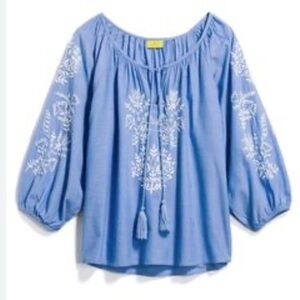 Roberta Roller Rabbit Blue Blouse with White Embroidery